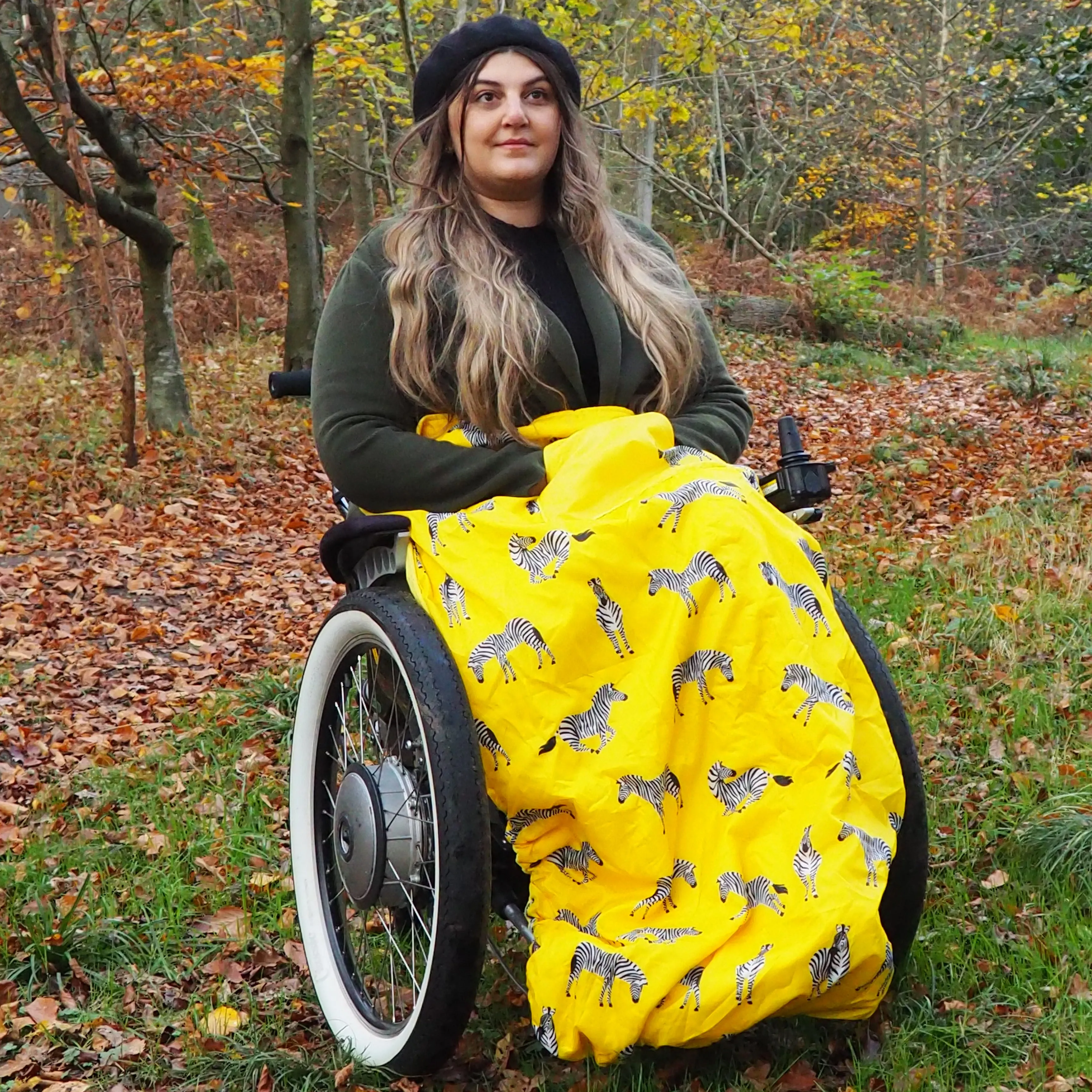 Adult fleece-lined wheelchair cosy - YELLOW ZEBRA