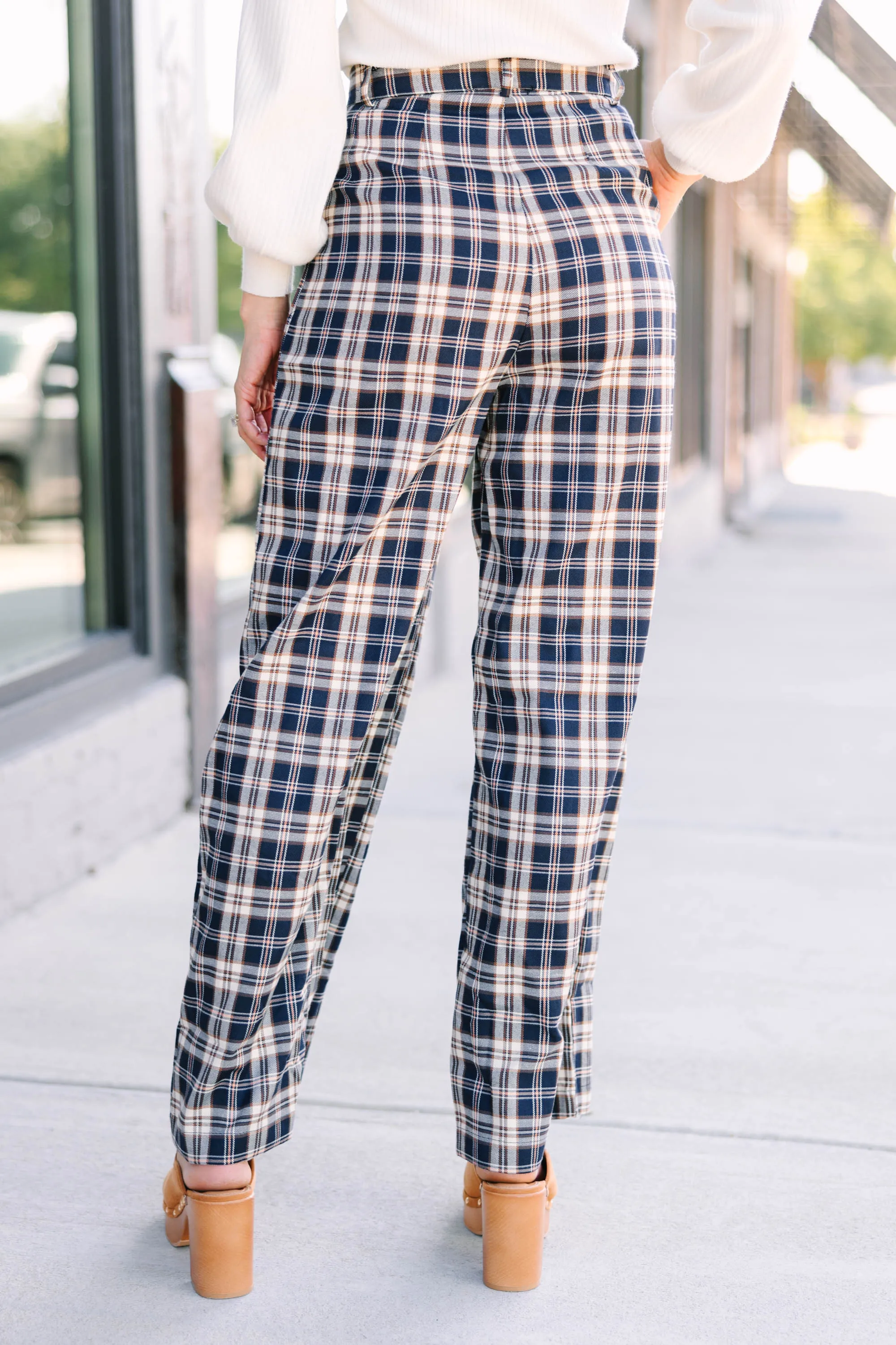 Be Direct Navy Blue Plaid Wide Leg Pants