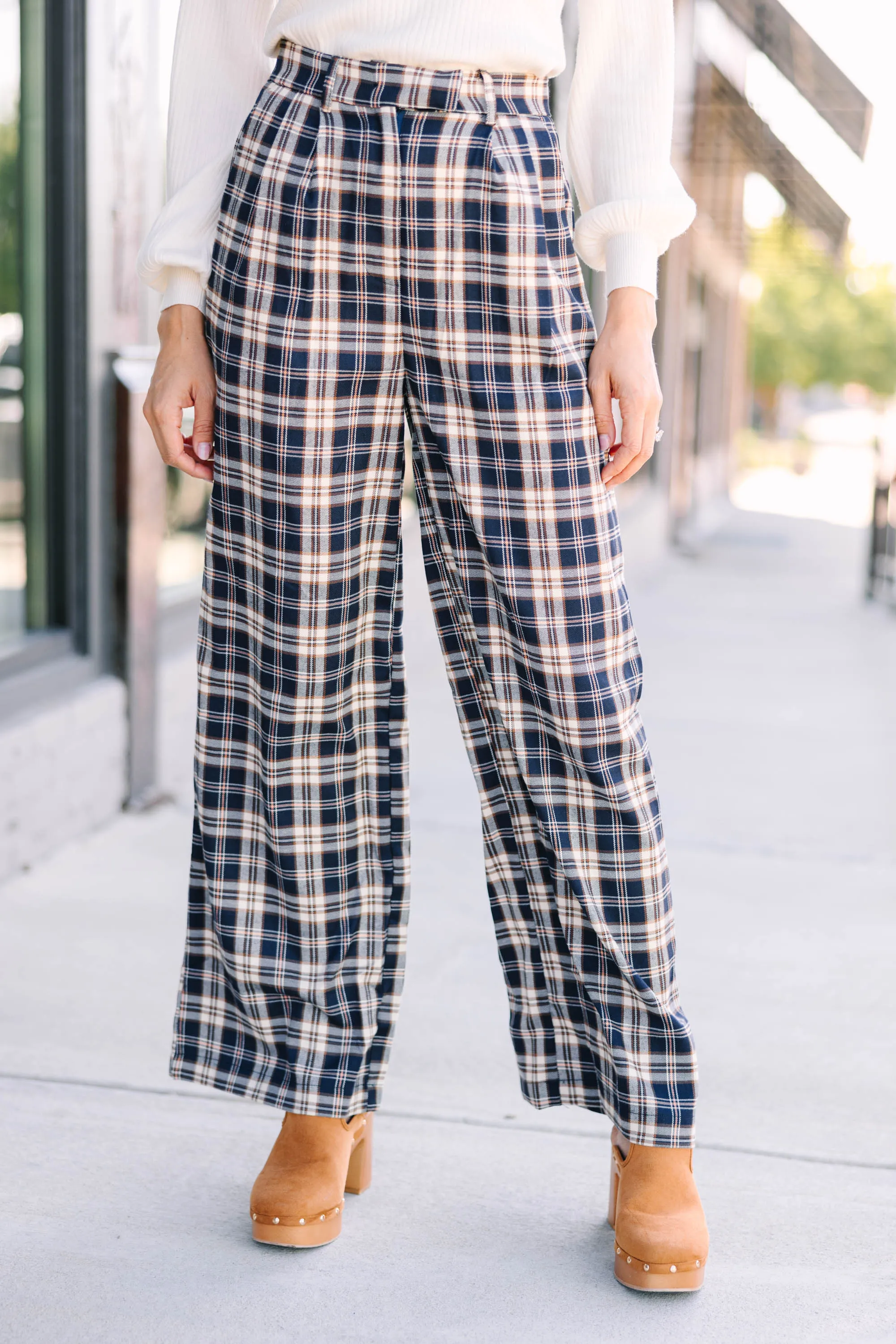 Be Direct Navy Blue Plaid Wide Leg Pants