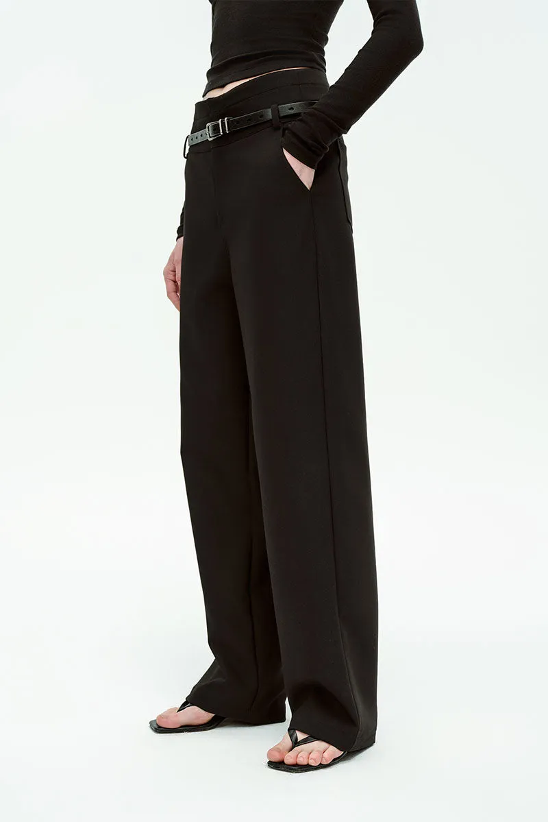 Black Double Waistband Straight Leg Dress Pants