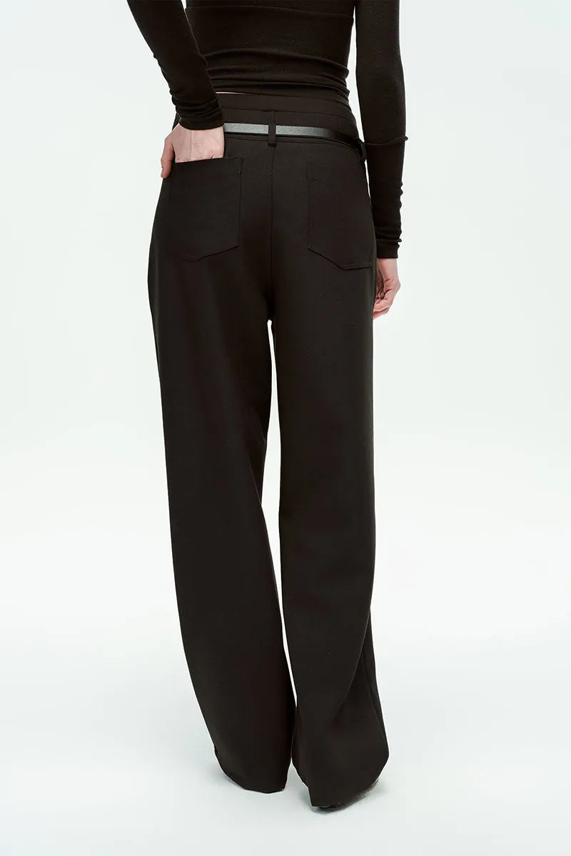 Black Double Waistband Straight Leg Dress Pants