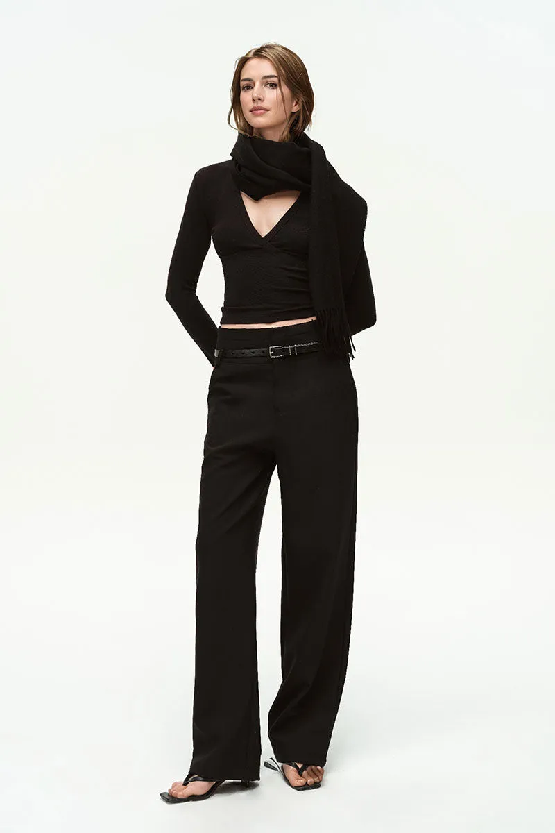 Black Double Waistband Straight Leg Dress Pants