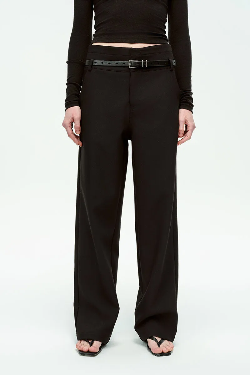 Black Double Waistband Straight Leg Dress Pants