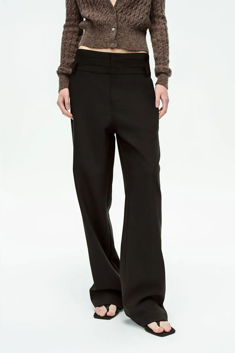 Black Double Waistband Straight Leg Dress Pants