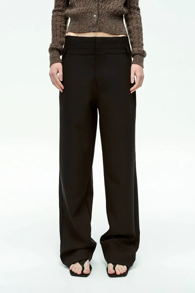 Black Double Waistband Straight Leg Dress Pants