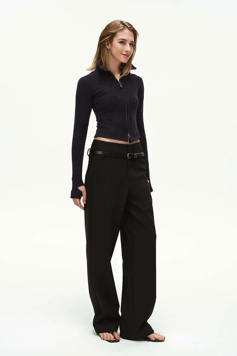 Black Double Waistband Straight Leg Dress Pants