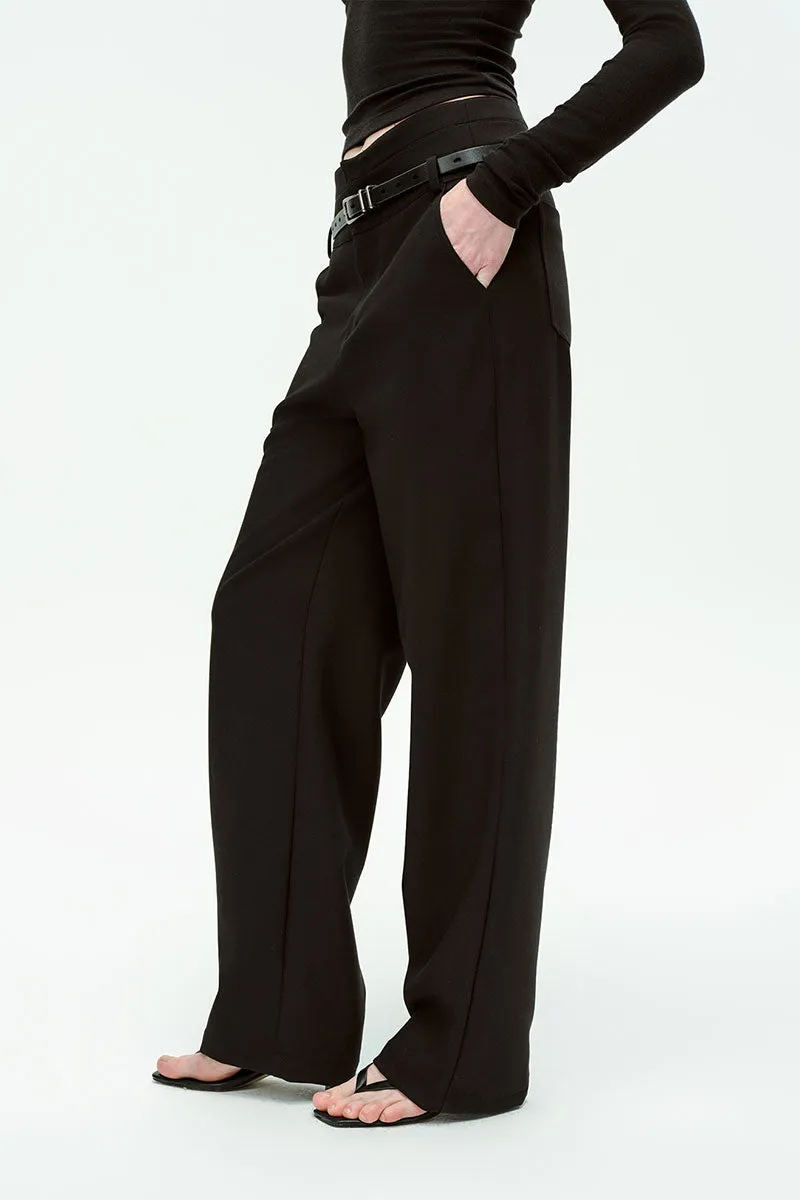 Black Double Waistband Straight Leg Dress Pants