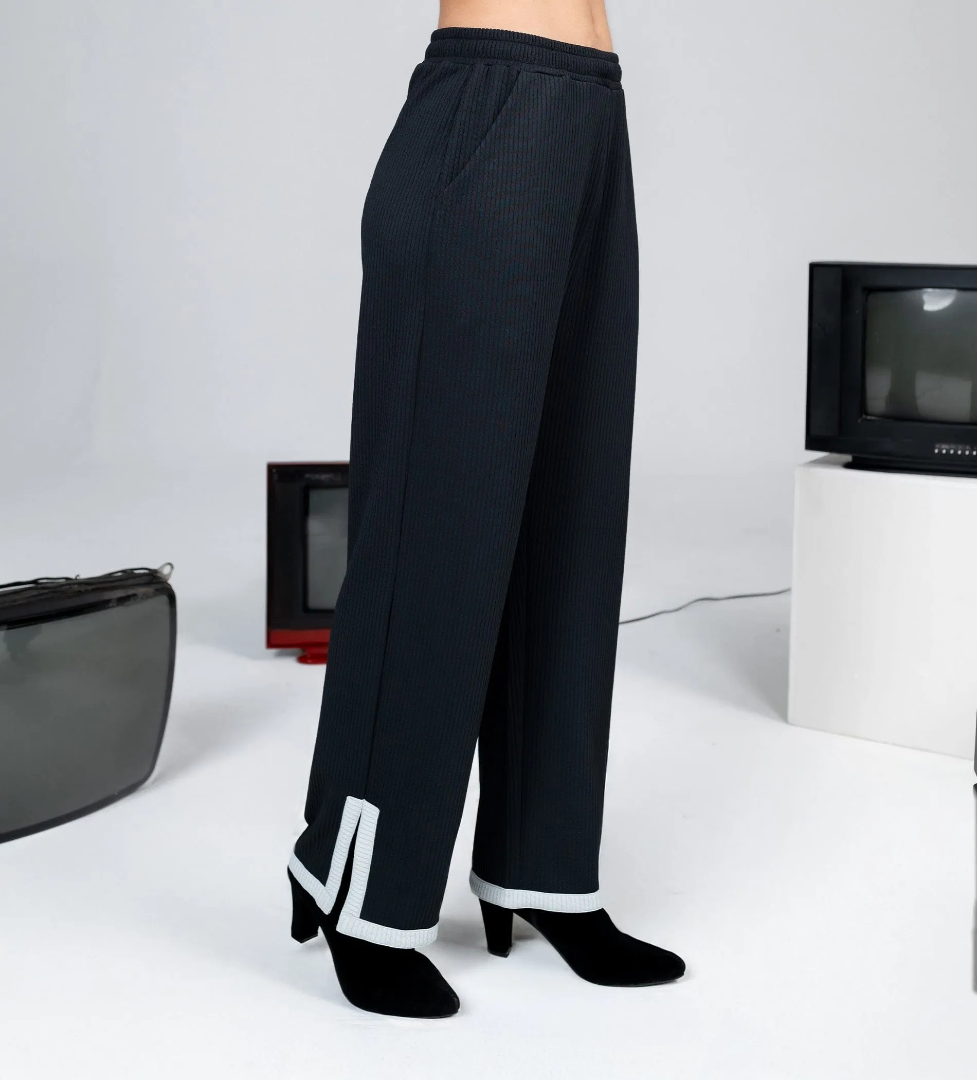 Black Grid waffle wide leg trackpant