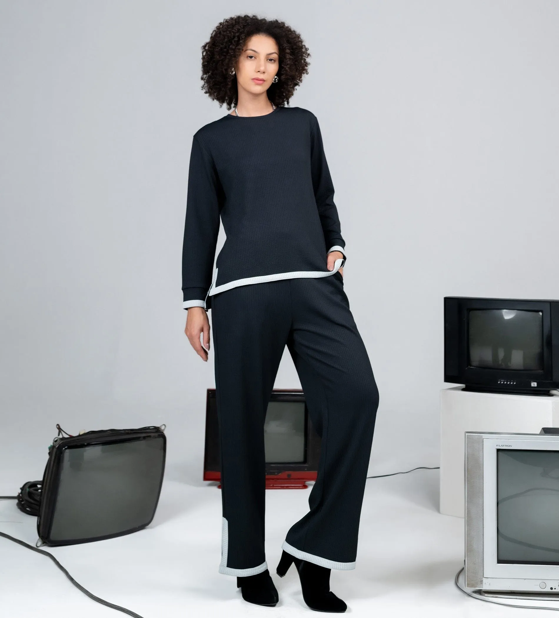 Black Grid waffle wide leg trackpant