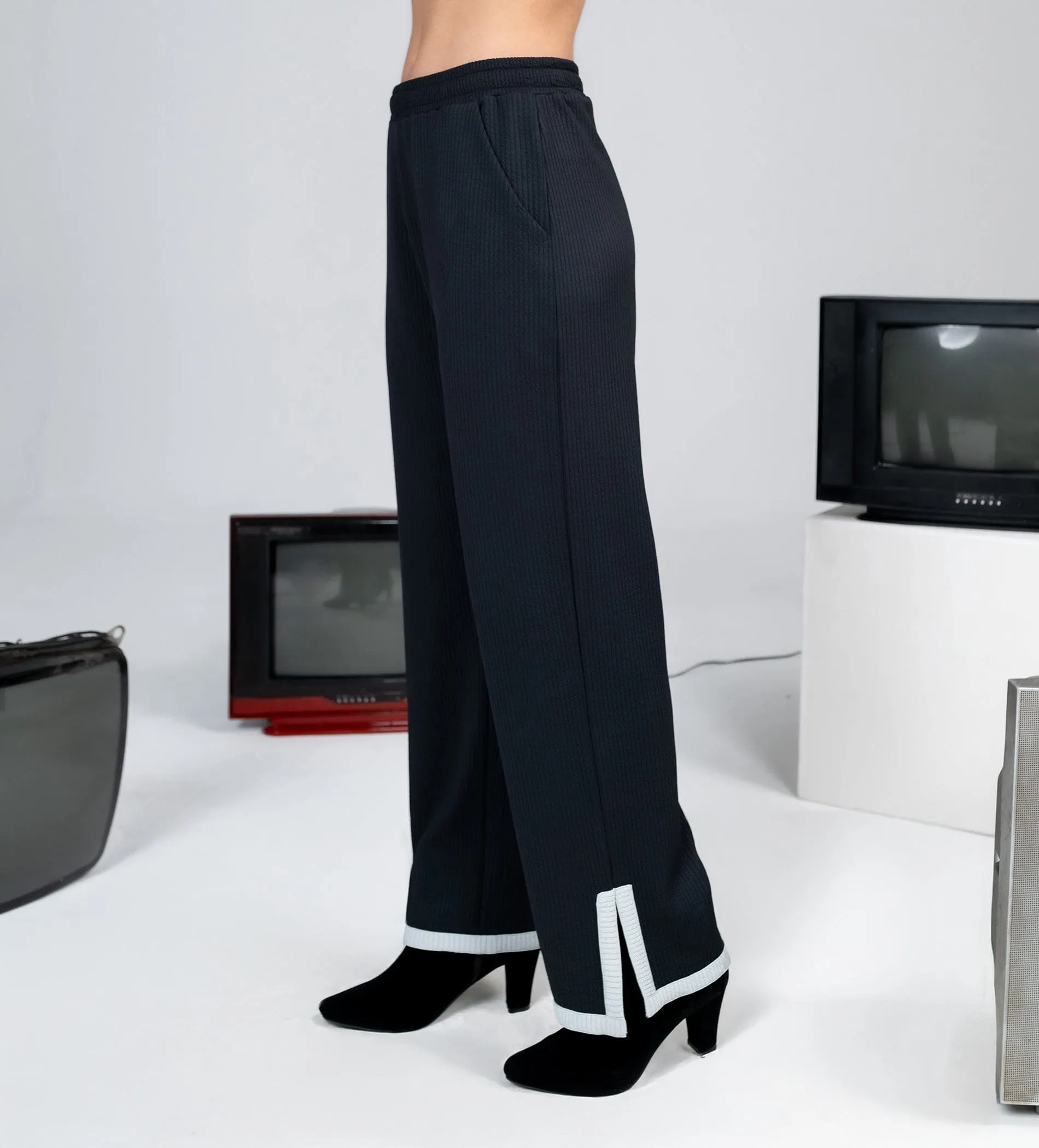 Black Grid waffle wide leg trackpant