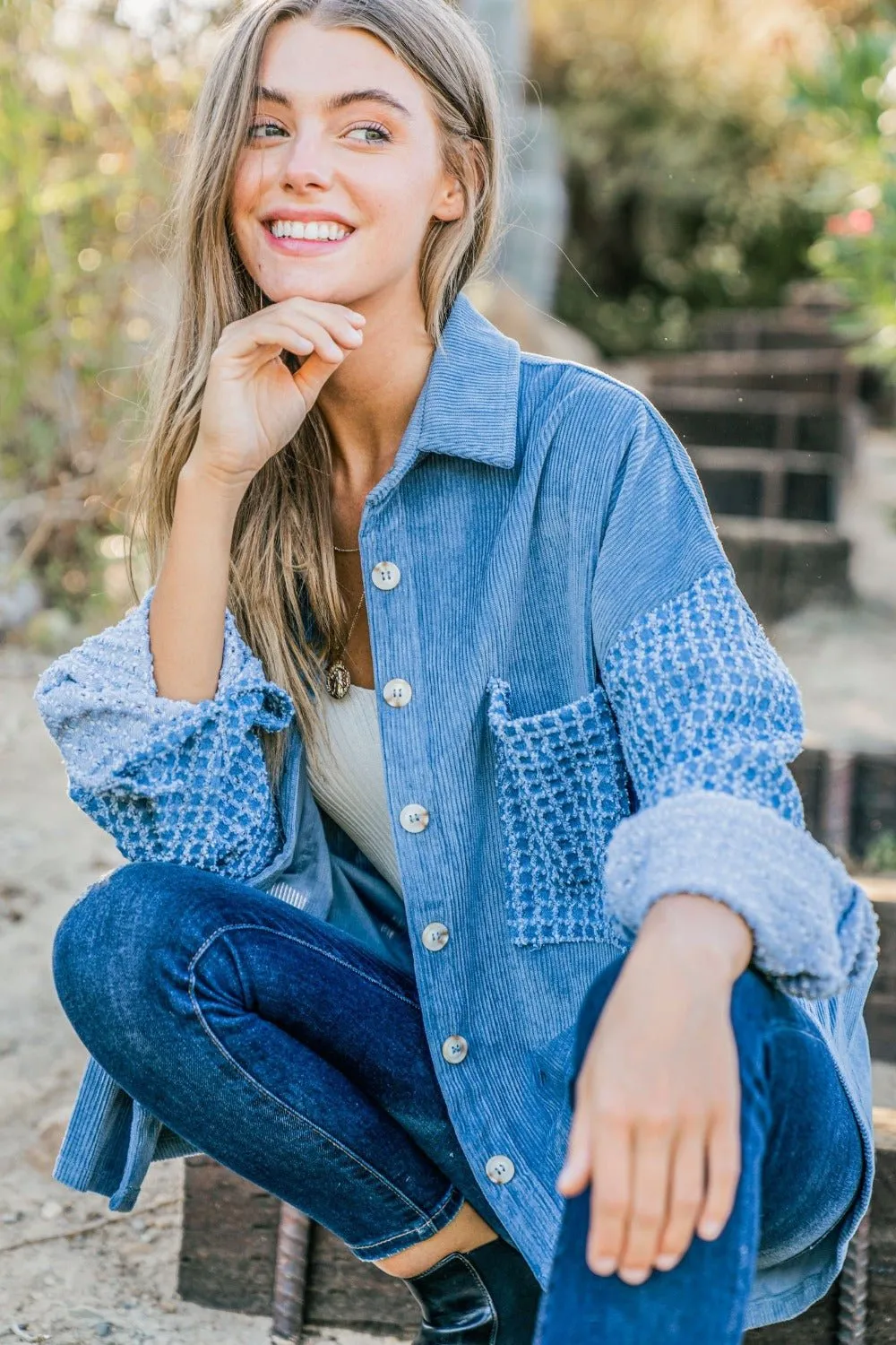 Blue Button Down Corduroy Contrast Texture Long Sleeve Shacket