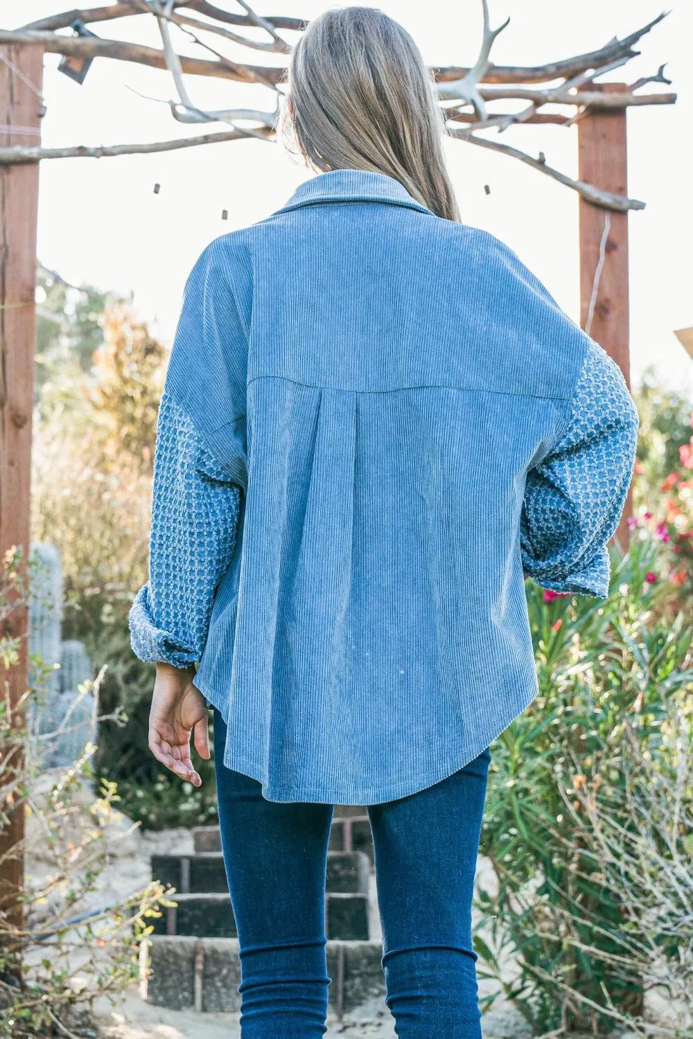 Blue Button Down Corduroy Contrast Texture Long Sleeve Shacket