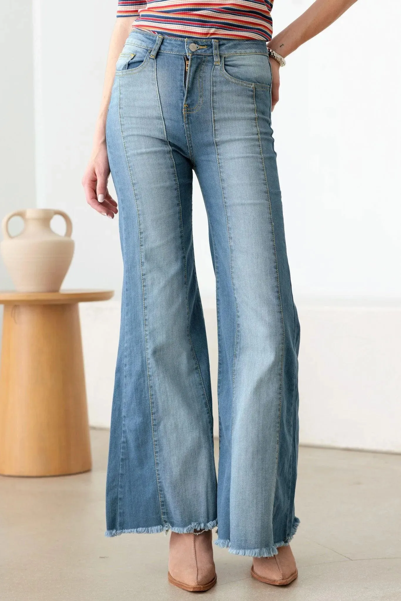 Blue Cotton High Waist Front Seam Flare Jeans