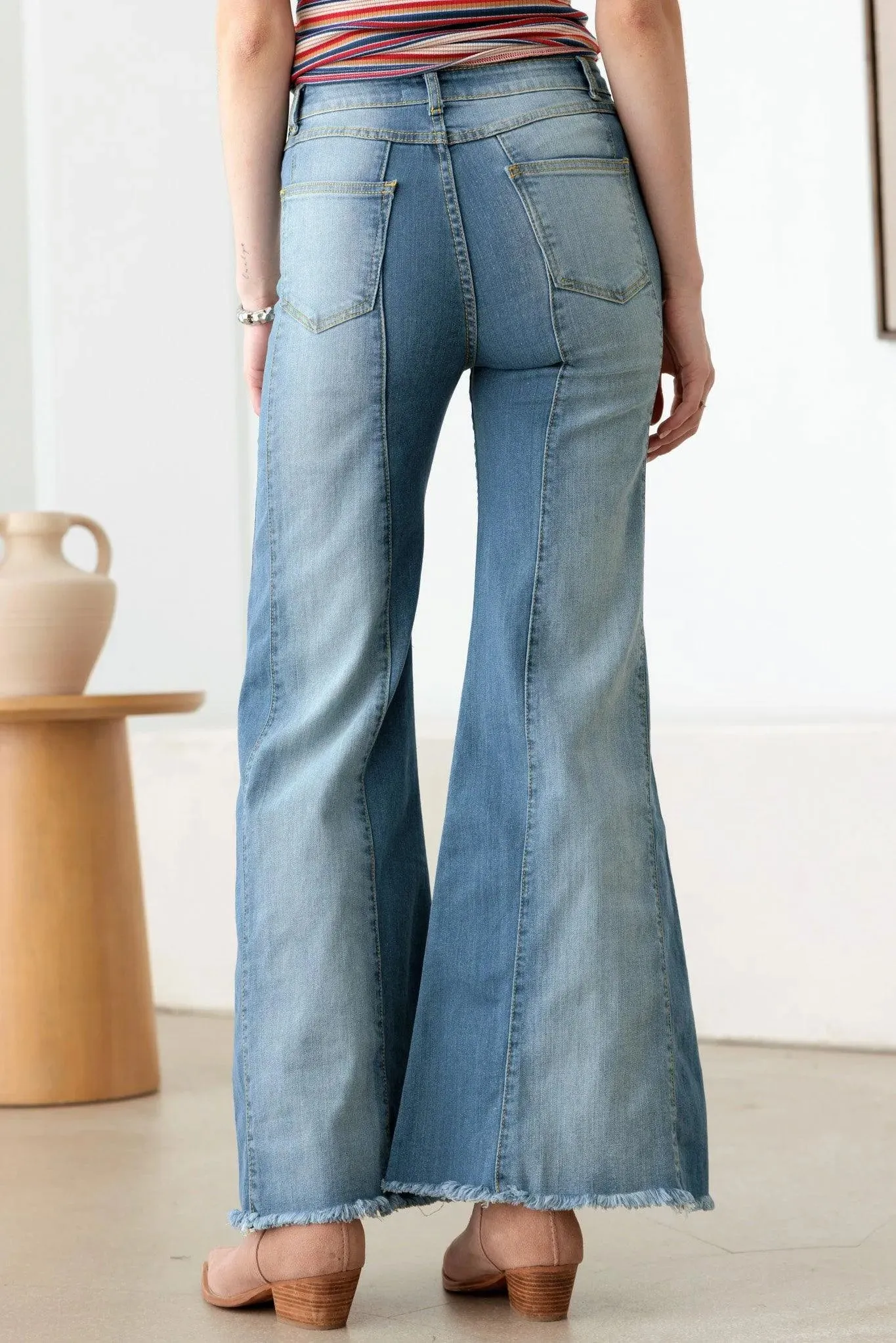 Blue Cotton High Waist Front Seam Flare Jeans