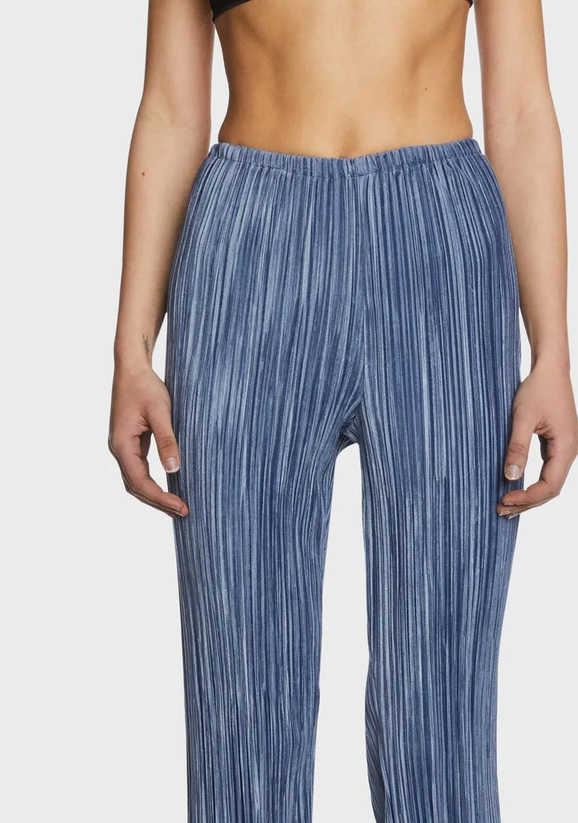 Blue Plisse Knit Flare Pants