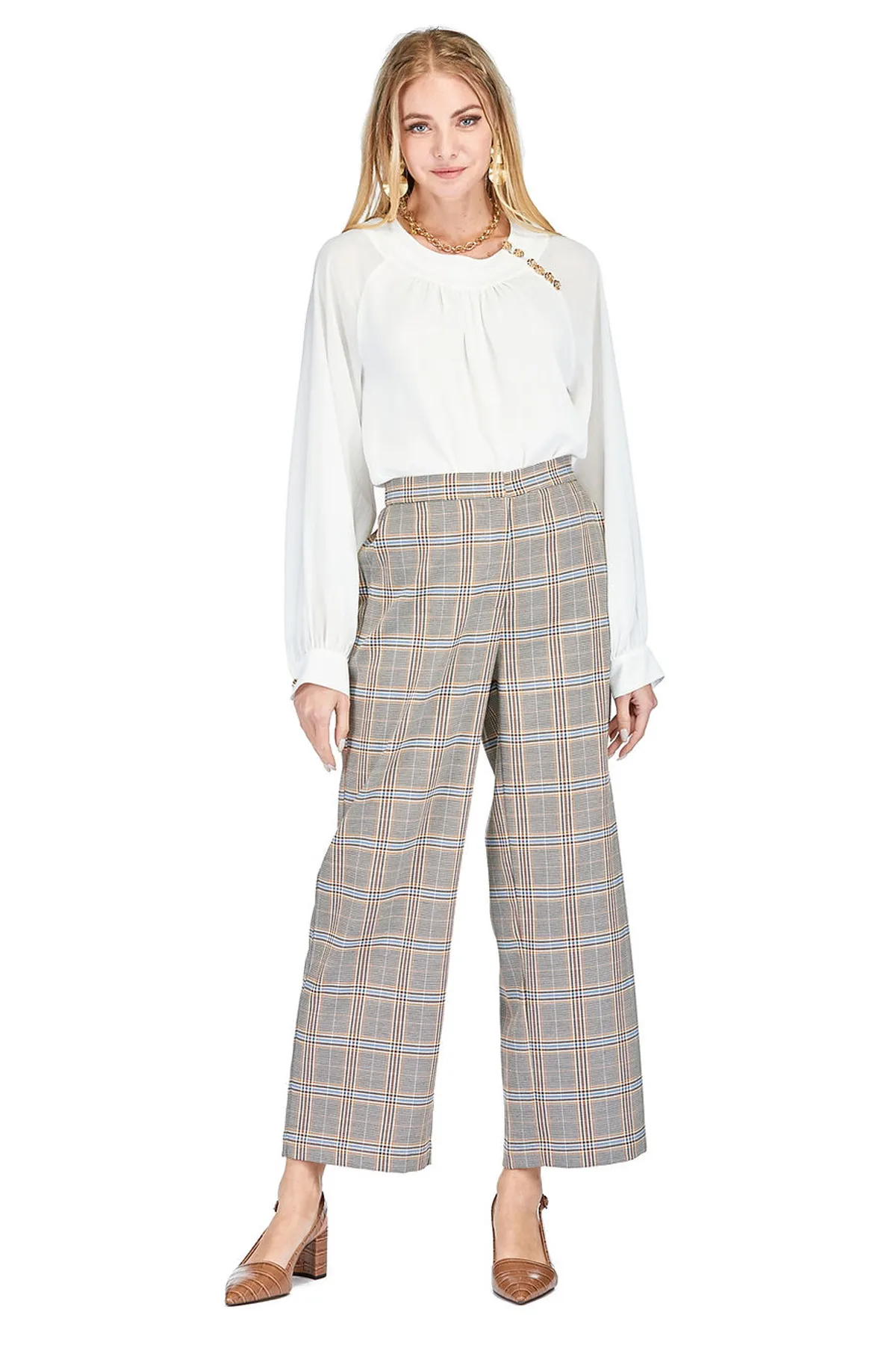 Brown Plaid Wide Leg Pant