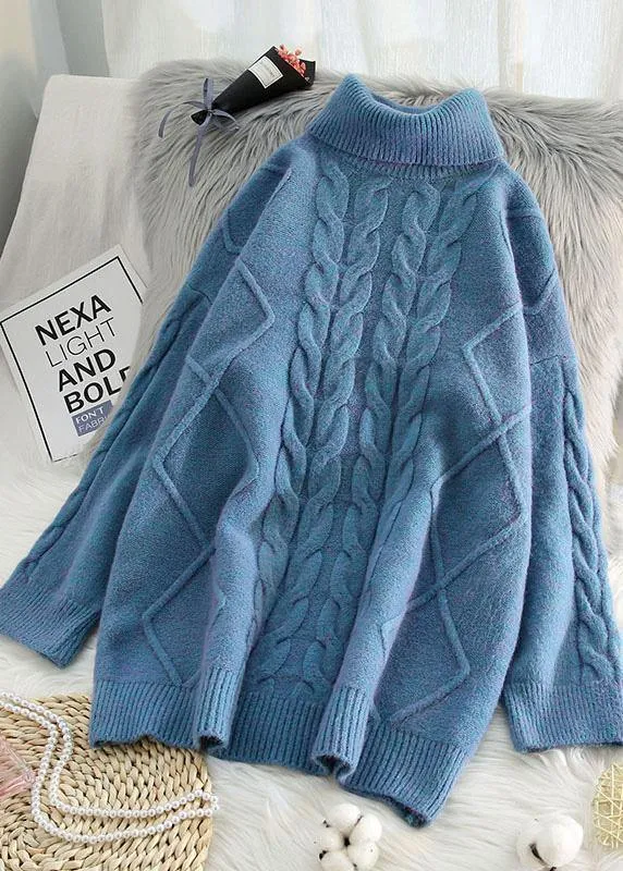 Chunky blue knit tops cable casual high neck knitwear