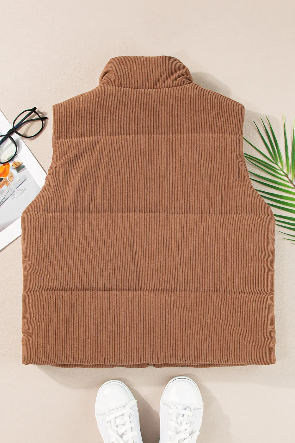 Coffee Corduroy Stand Neck Zipped Puffer Vest