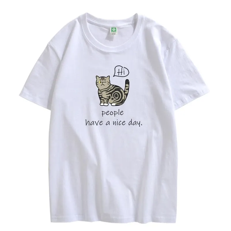 CORIRESHA Teen Cute Cat Crewneck Short Sleeve Casual Personalized Letter T-Shirt