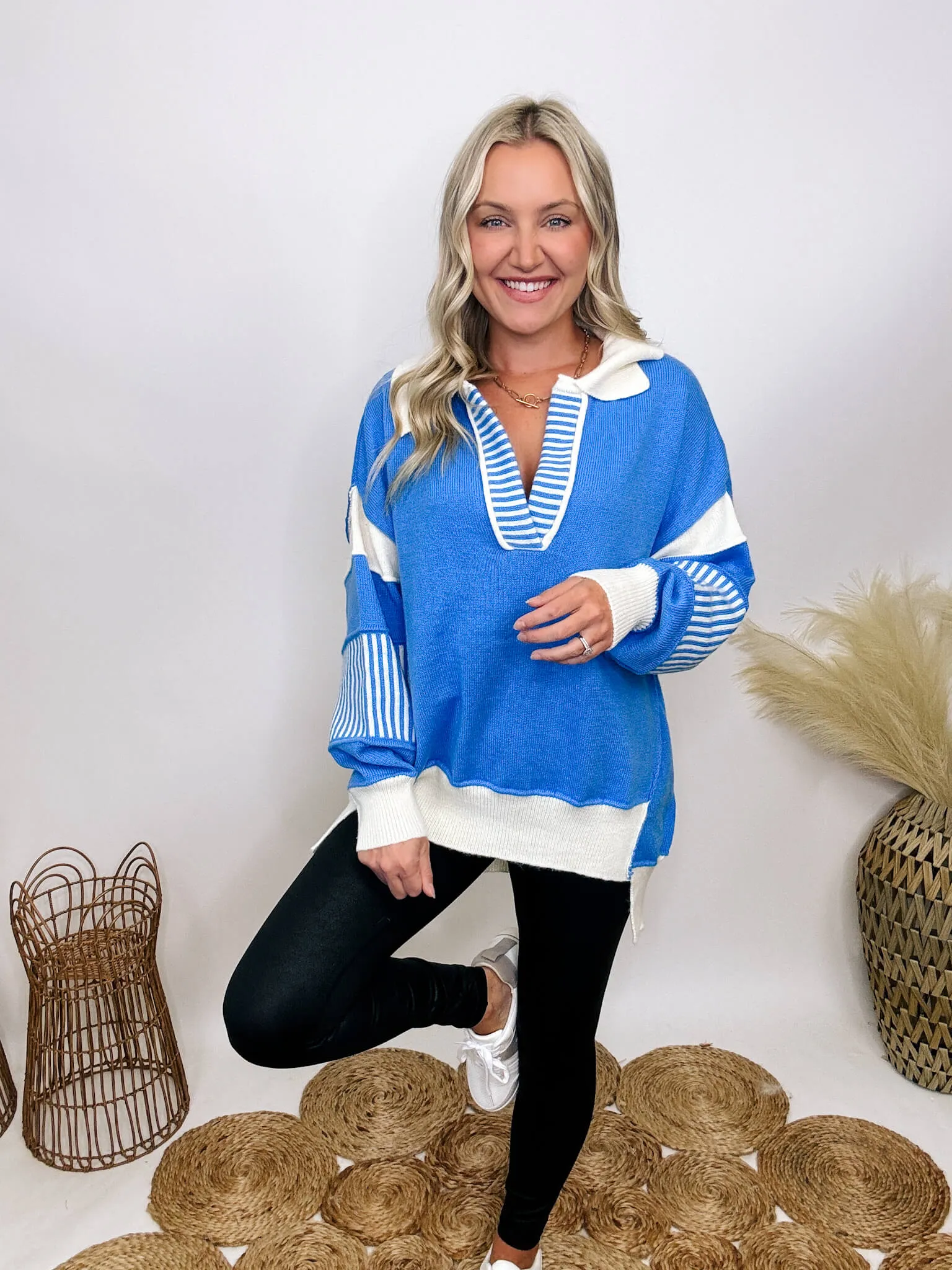 DOORBUSTER - Blue Oversized Polo Preppy Sweater with Ivory Stripes