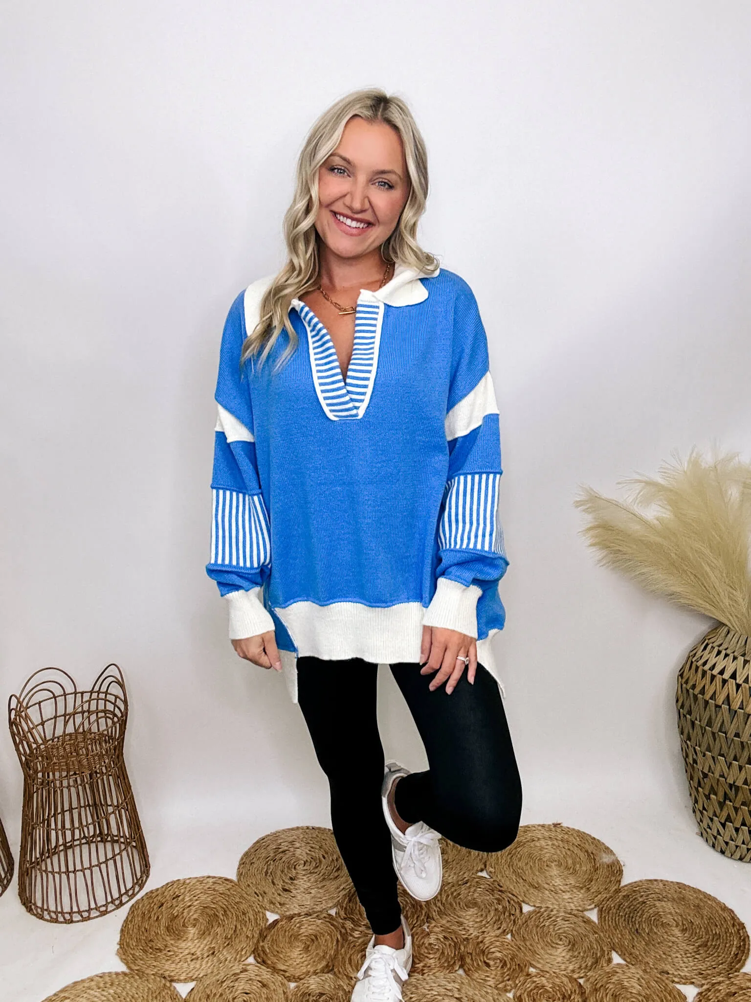 DOORBUSTER - Blue Oversized Polo Preppy Sweater with Ivory Stripes