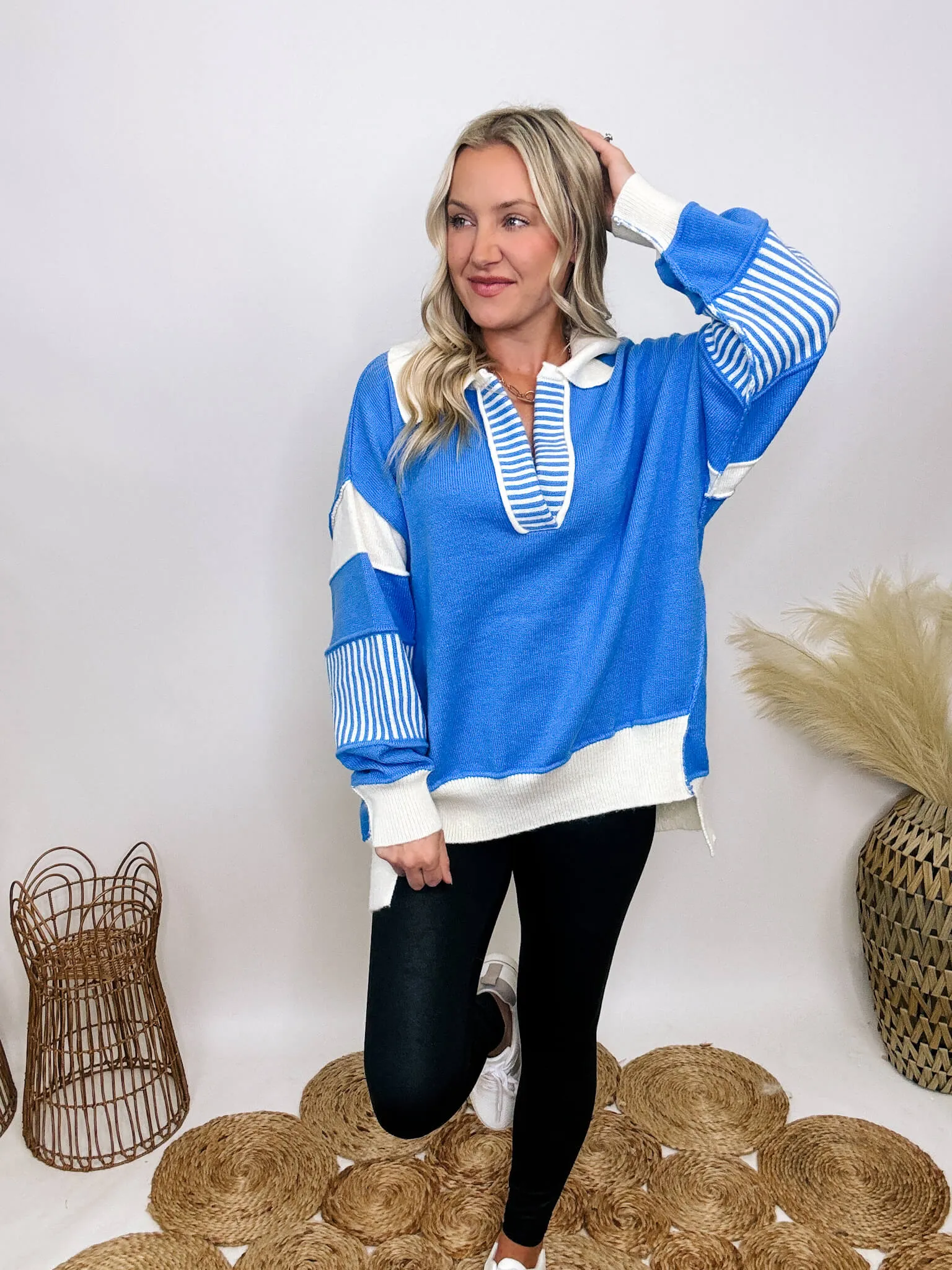 DOORBUSTER - Blue Oversized Polo Preppy Sweater with Ivory Stripes