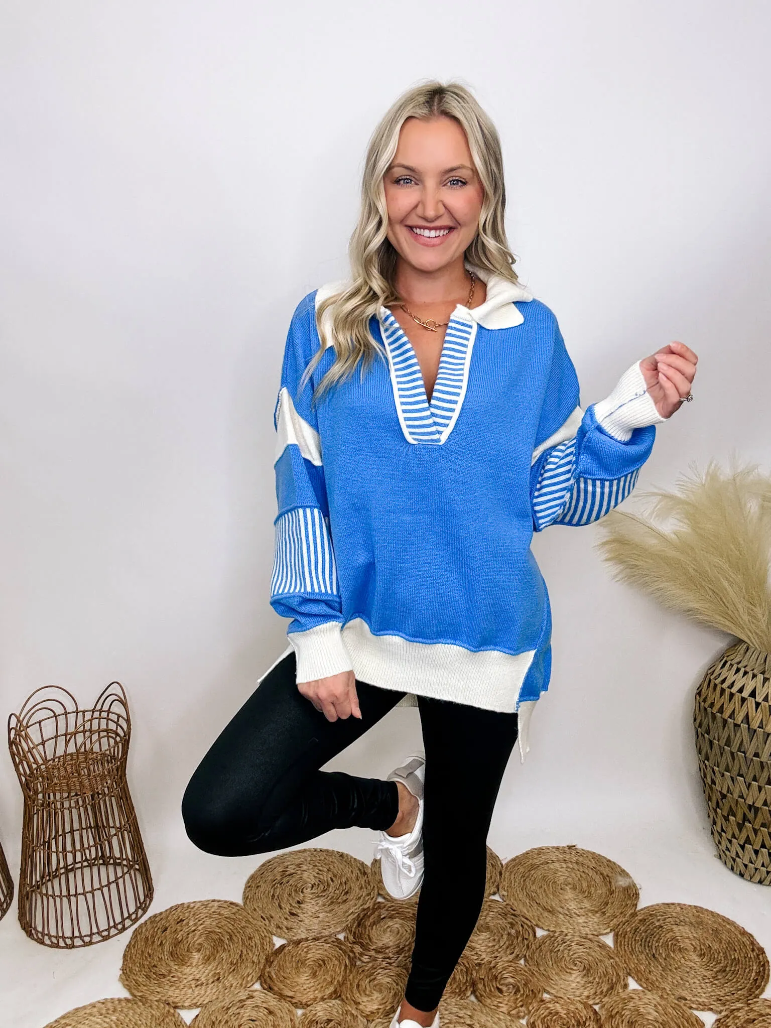 DOORBUSTER - Blue Oversized Polo Preppy Sweater with Ivory Stripes