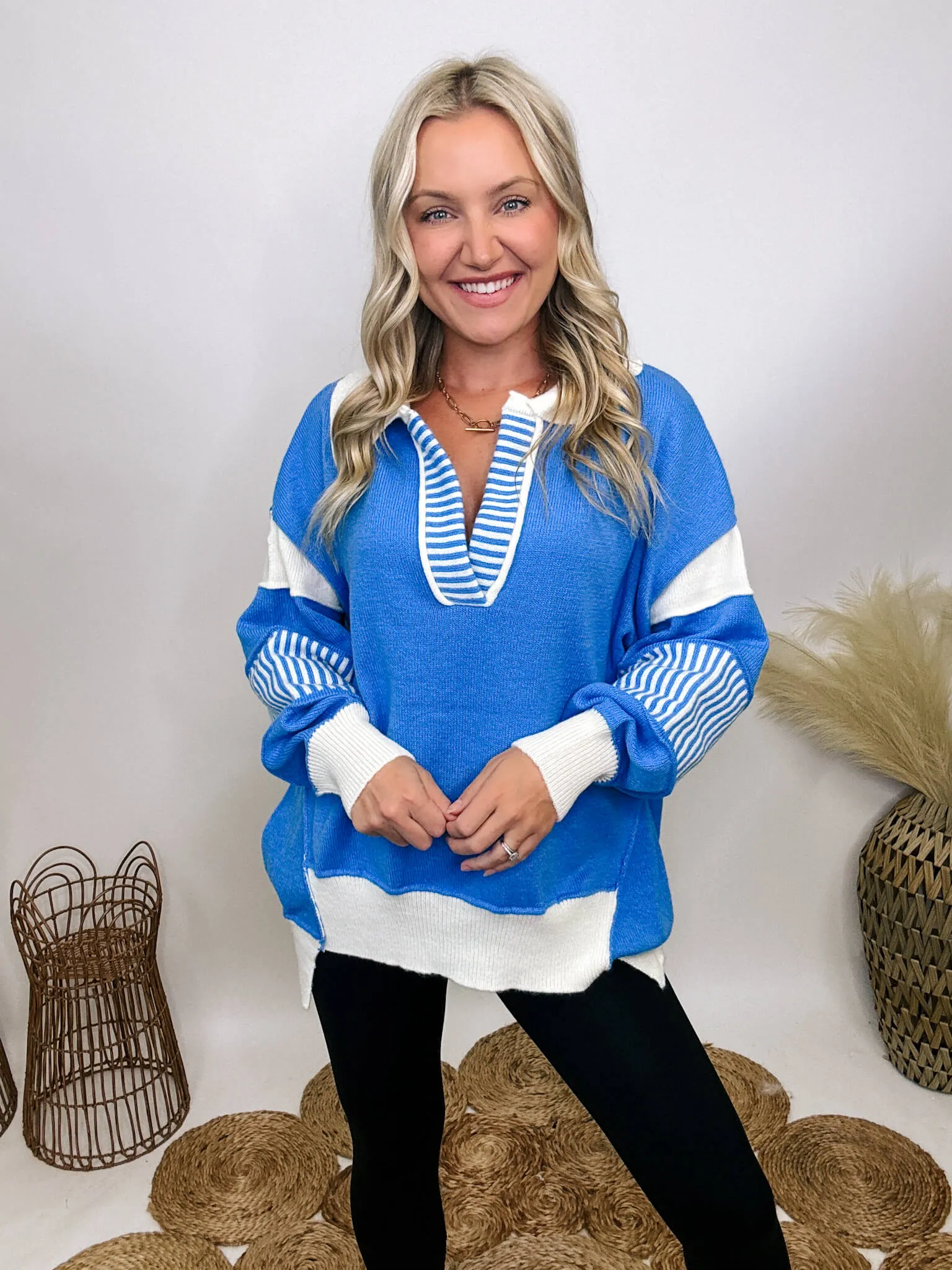 DOORBUSTER - Blue Oversized Polo Preppy Sweater with Ivory Stripes