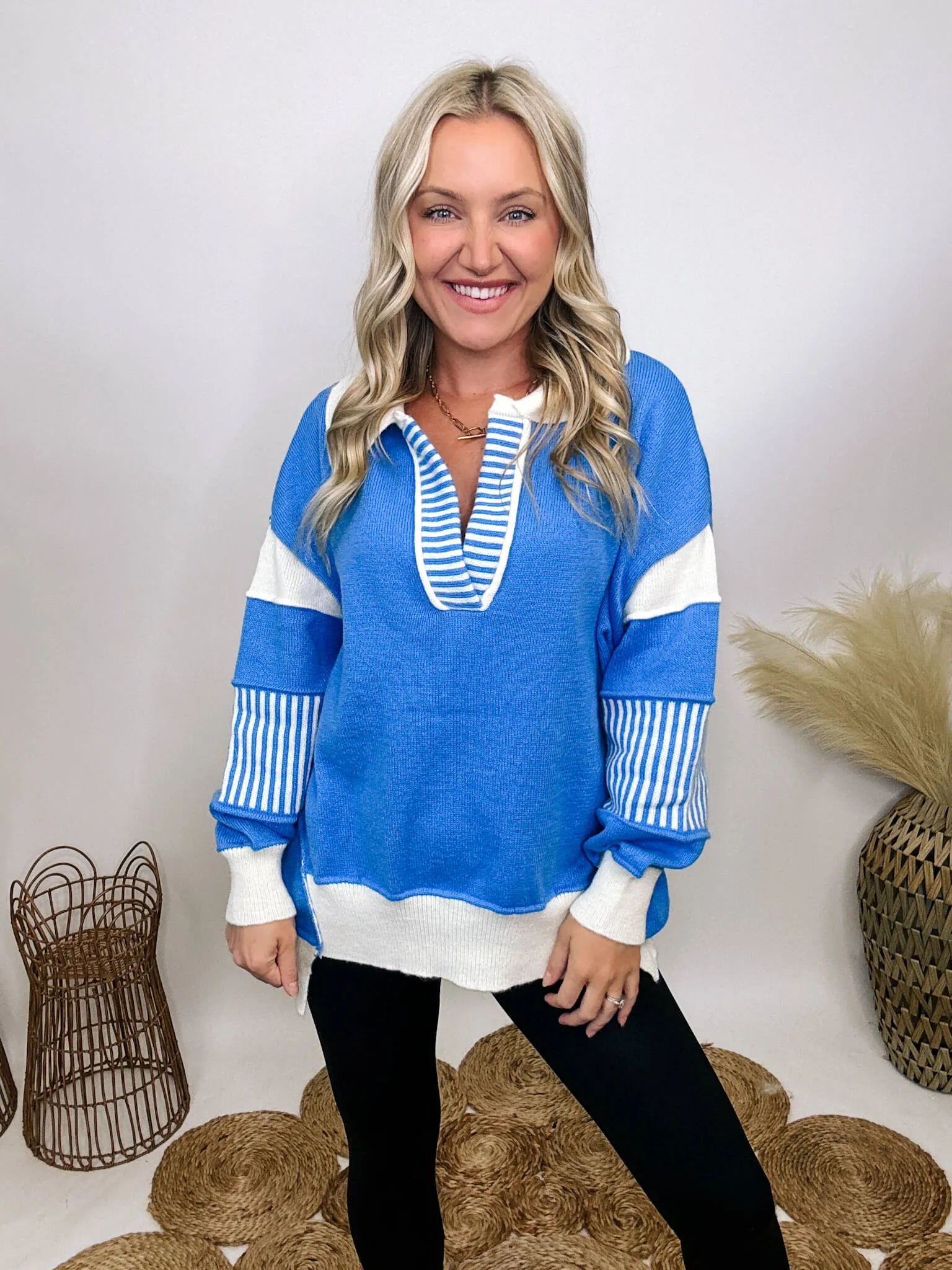 DOORBUSTER - Blue Oversized Polo Preppy Sweater with Ivory Stripes