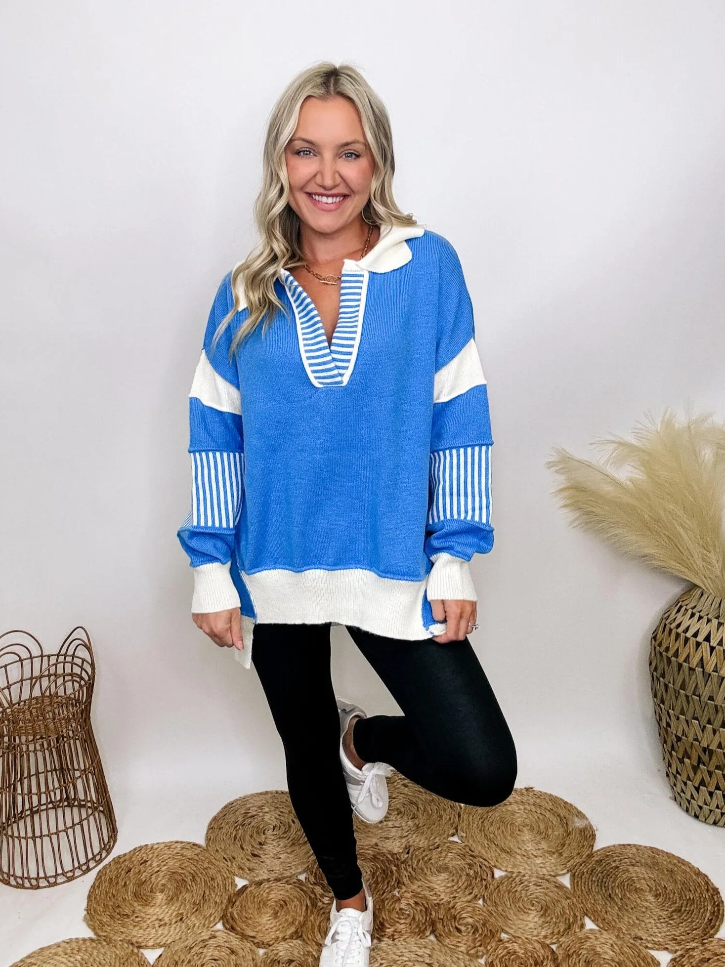 DOORBUSTER - Blue Oversized Polo Preppy Sweater with Ivory Stripes