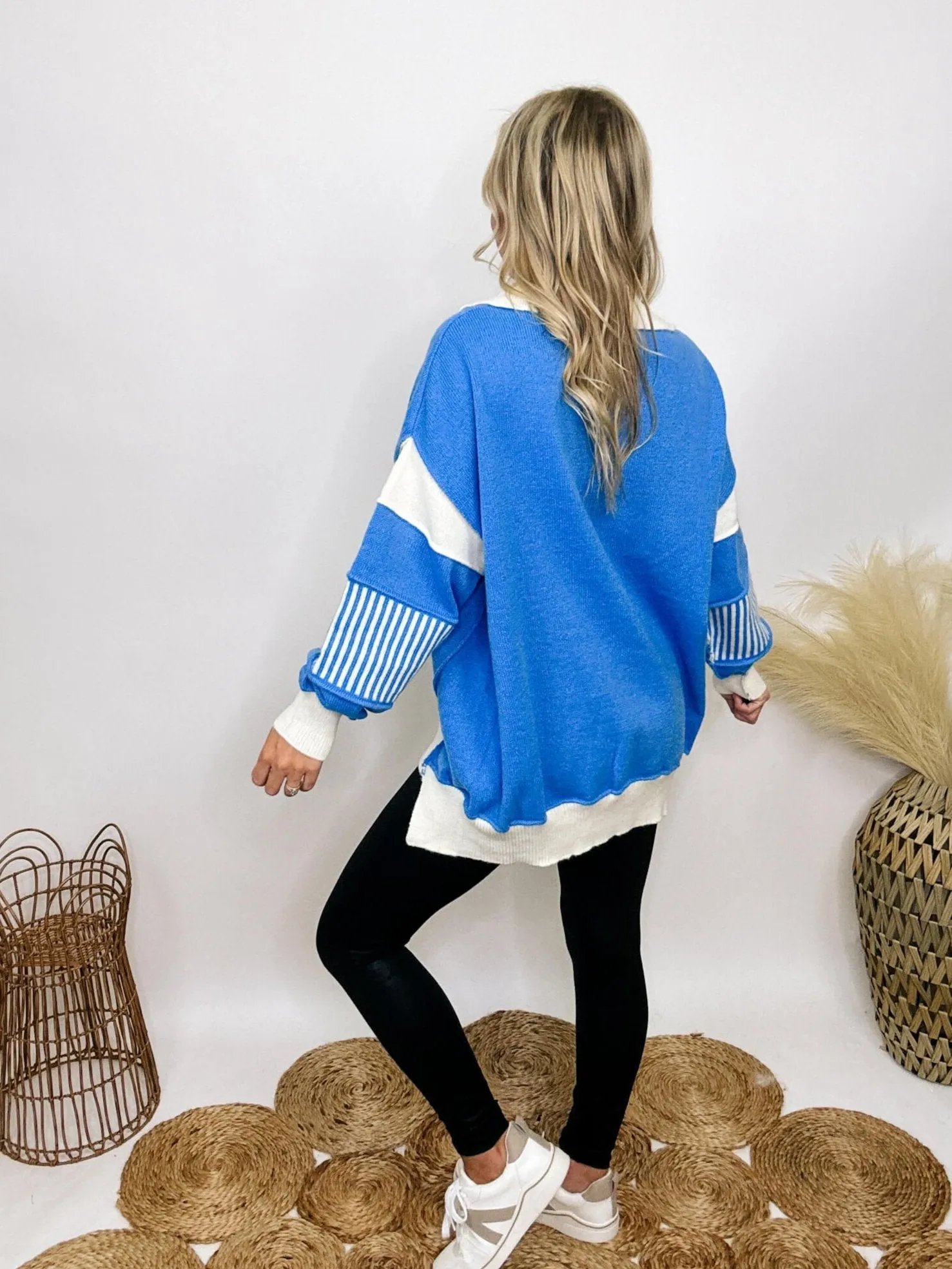 DOORBUSTER - Blue Oversized Polo Preppy Sweater with Ivory Stripes