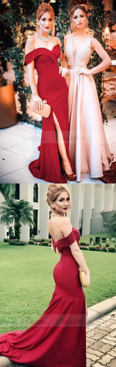 elegant off the shoulder burgundy mermaid long prom dress with side slit