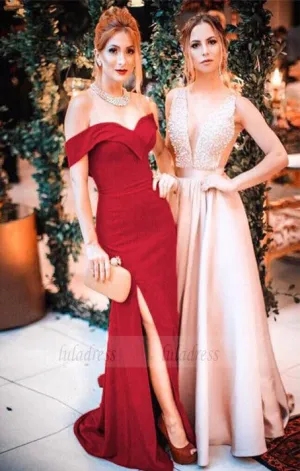 elegant off the shoulder burgundy mermaid long prom dress with side slit