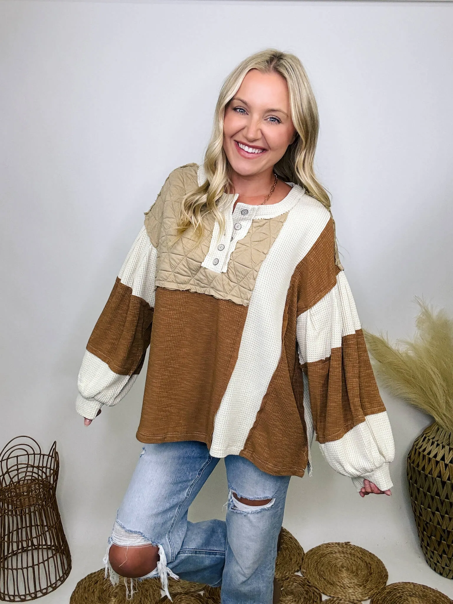 Fall Quilted Patchwork Long Sleeve Oversized Top in Brown