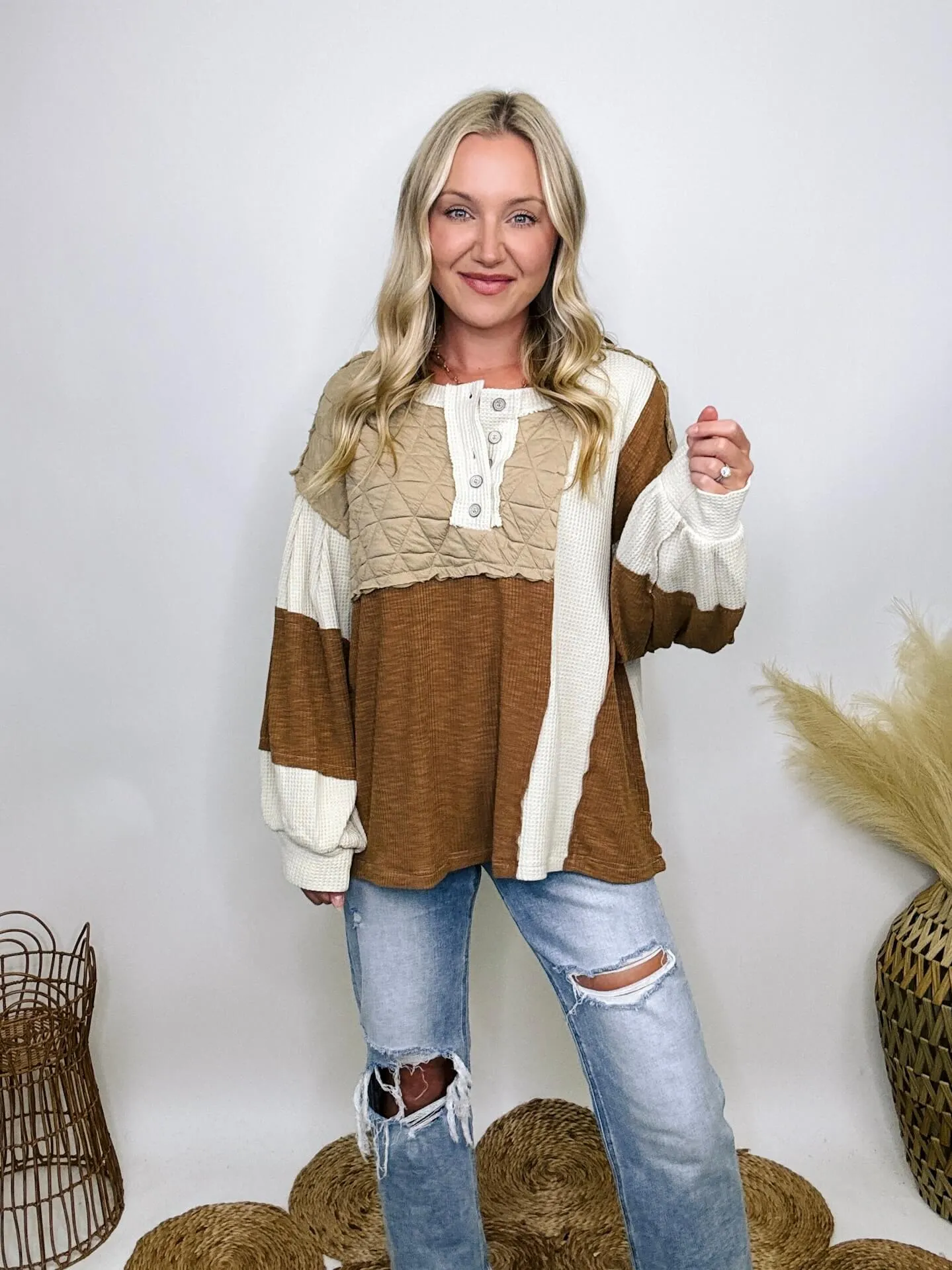 Fall Quilted Patchwork Long Sleeve Oversized Top in Brown