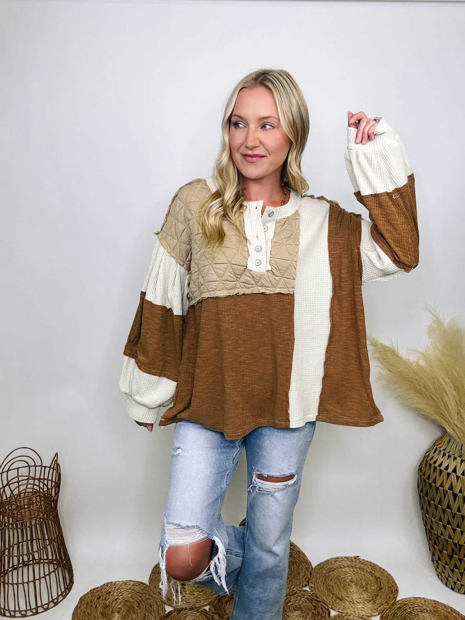 Fall Quilted Patchwork Long Sleeve Oversized Top in Brown