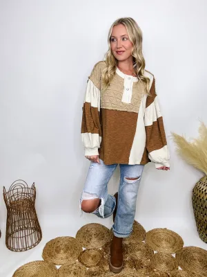 Fall Quilted Patchwork Long Sleeve Oversized Top in Brown