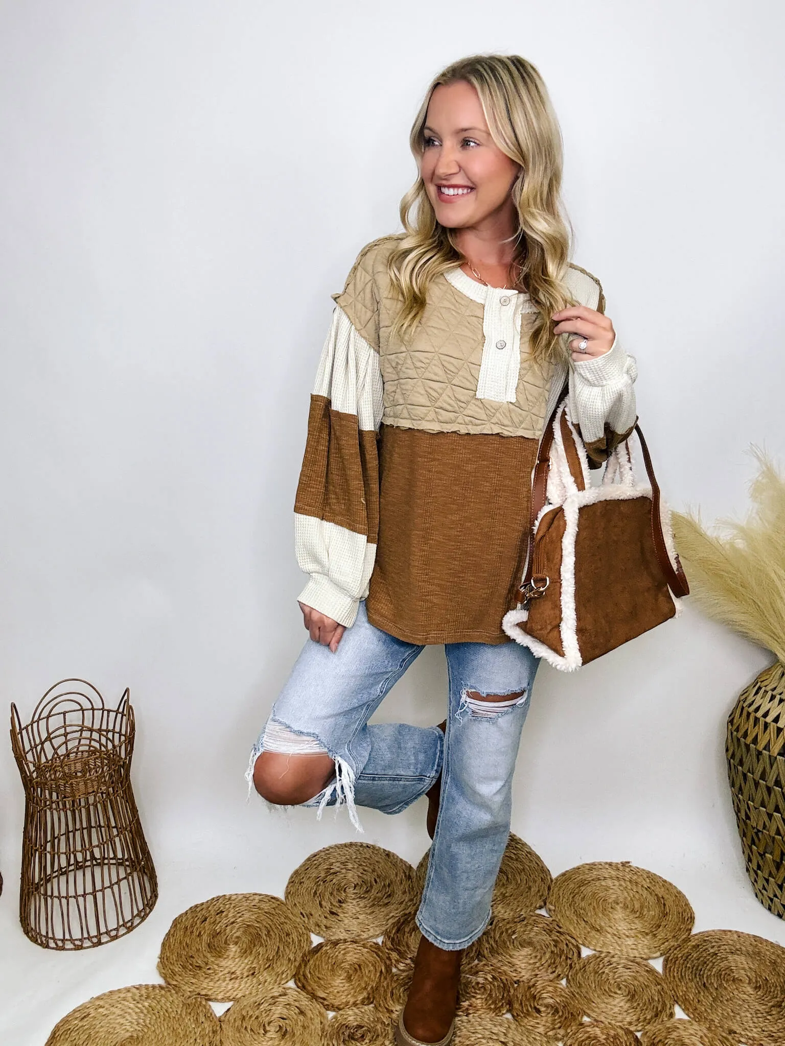 Fall Quilted Patchwork Long Sleeve Oversized Top in Brown