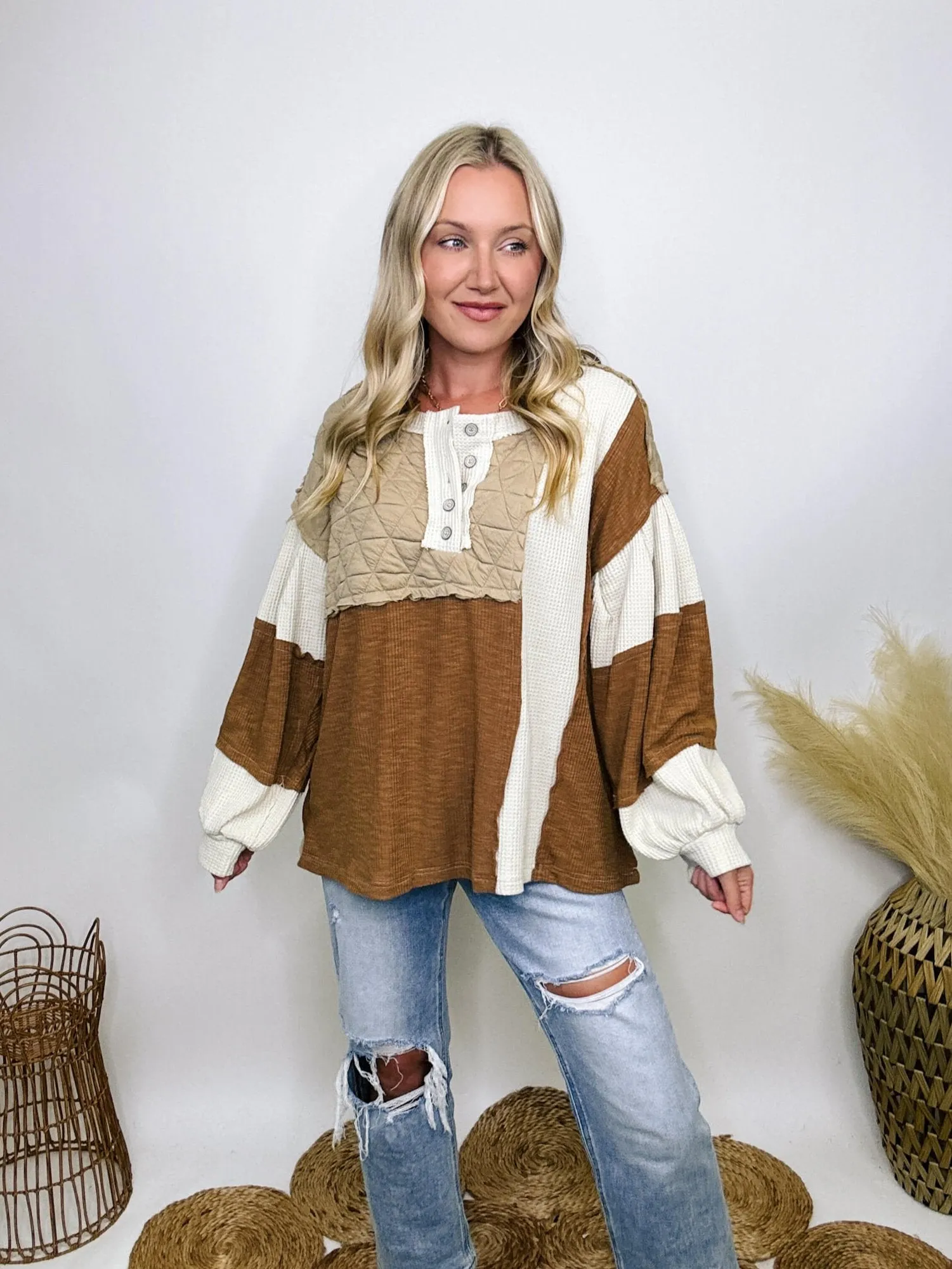 Fall Quilted Patchwork Long Sleeve Oversized Top in Brown