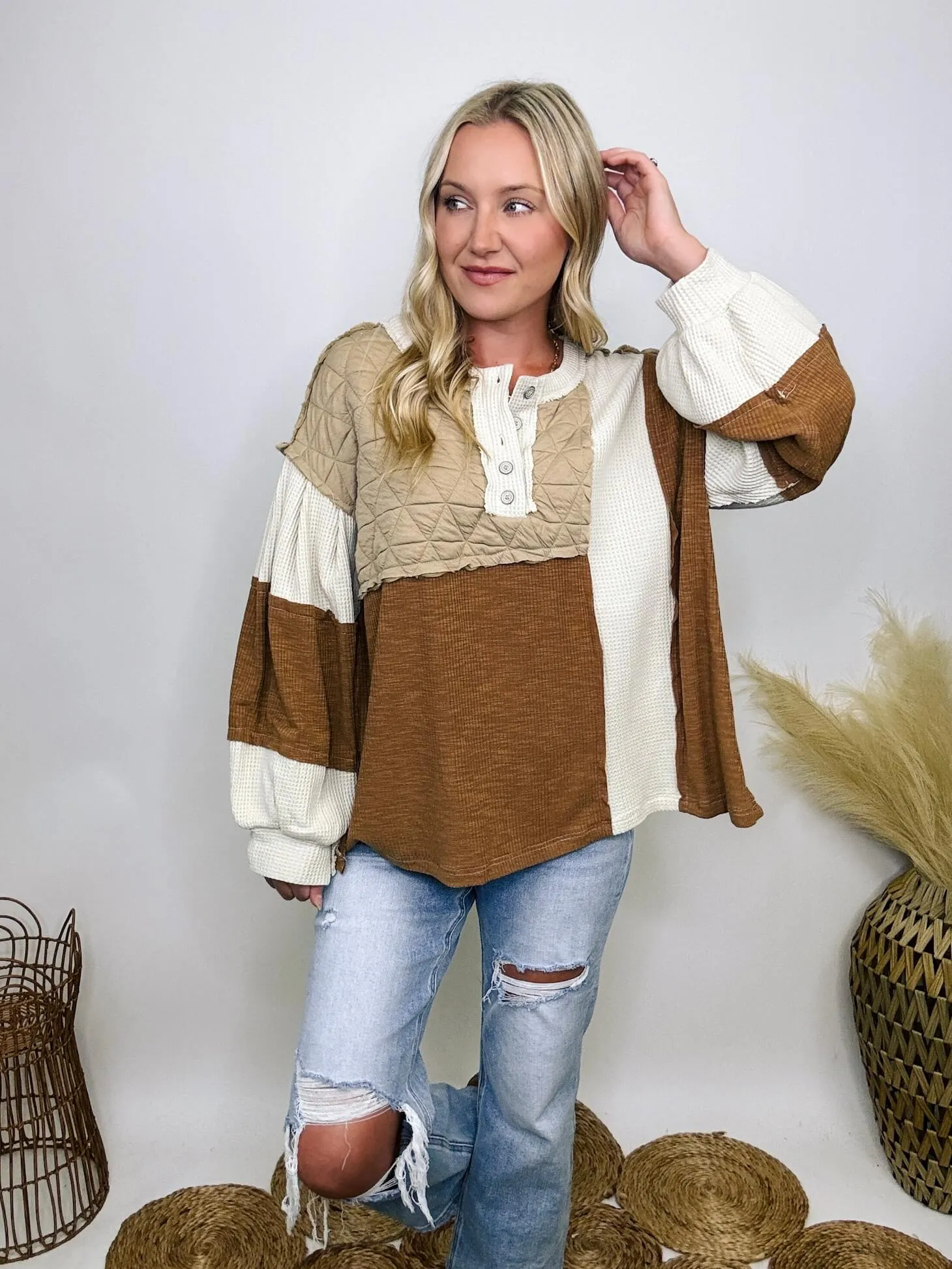 Fall Quilted Patchwork Long Sleeve Oversized Top in Brown