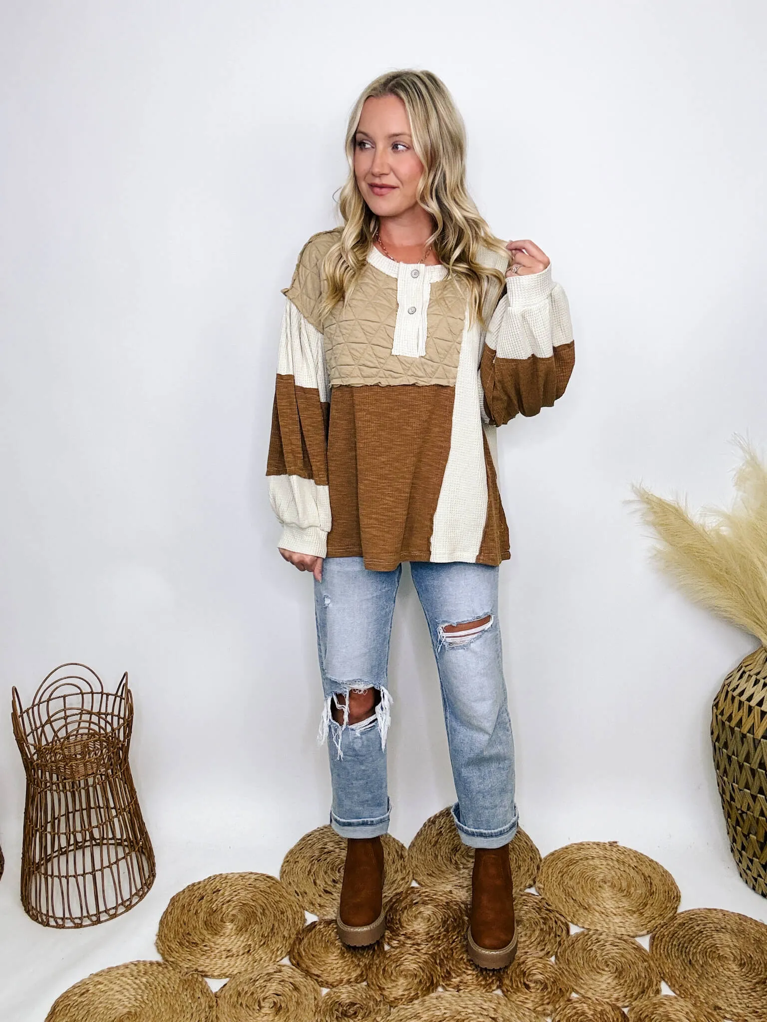 Fall Quilted Patchwork Long Sleeve Oversized Top in Brown