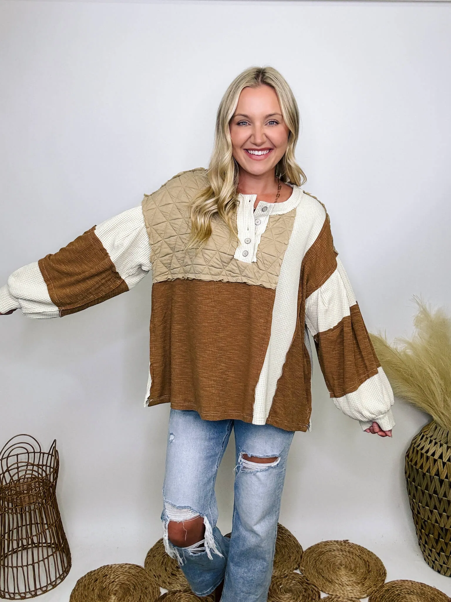 Fall Quilted Patchwork Long Sleeve Oversized Top in Brown