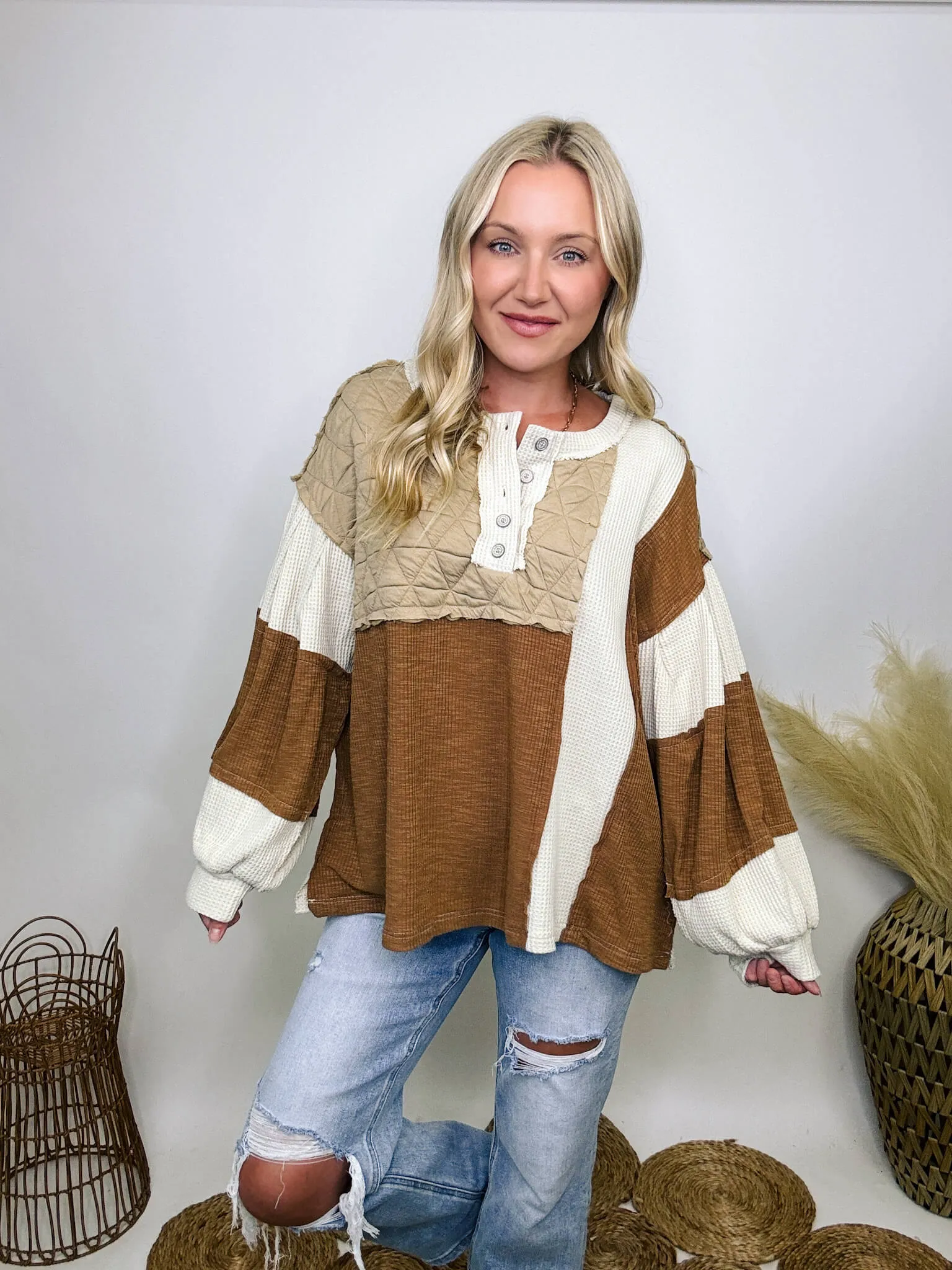 Fall Quilted Patchwork Long Sleeve Oversized Top in Brown