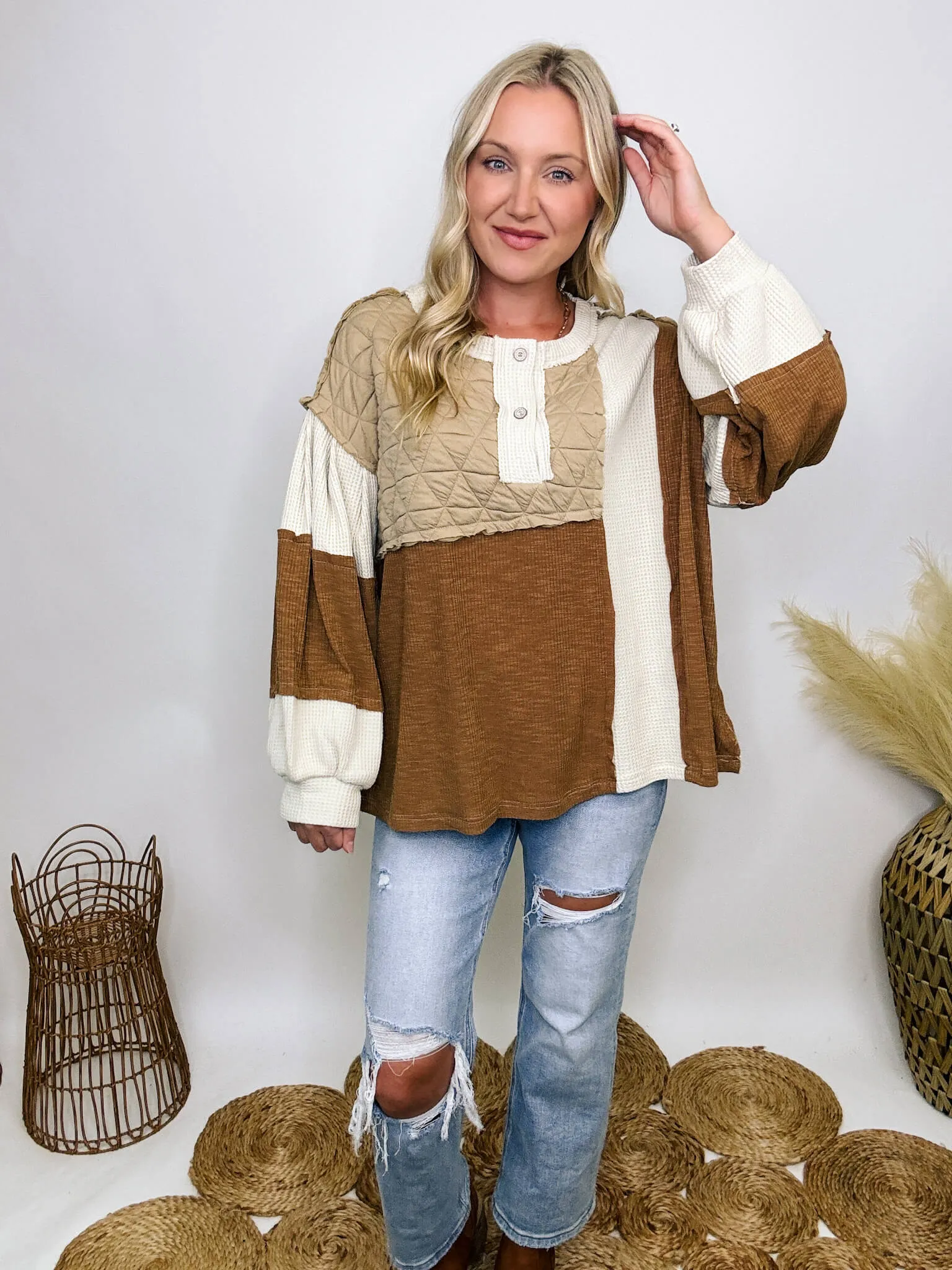 Fall Quilted Patchwork Long Sleeve Oversized Top in Brown