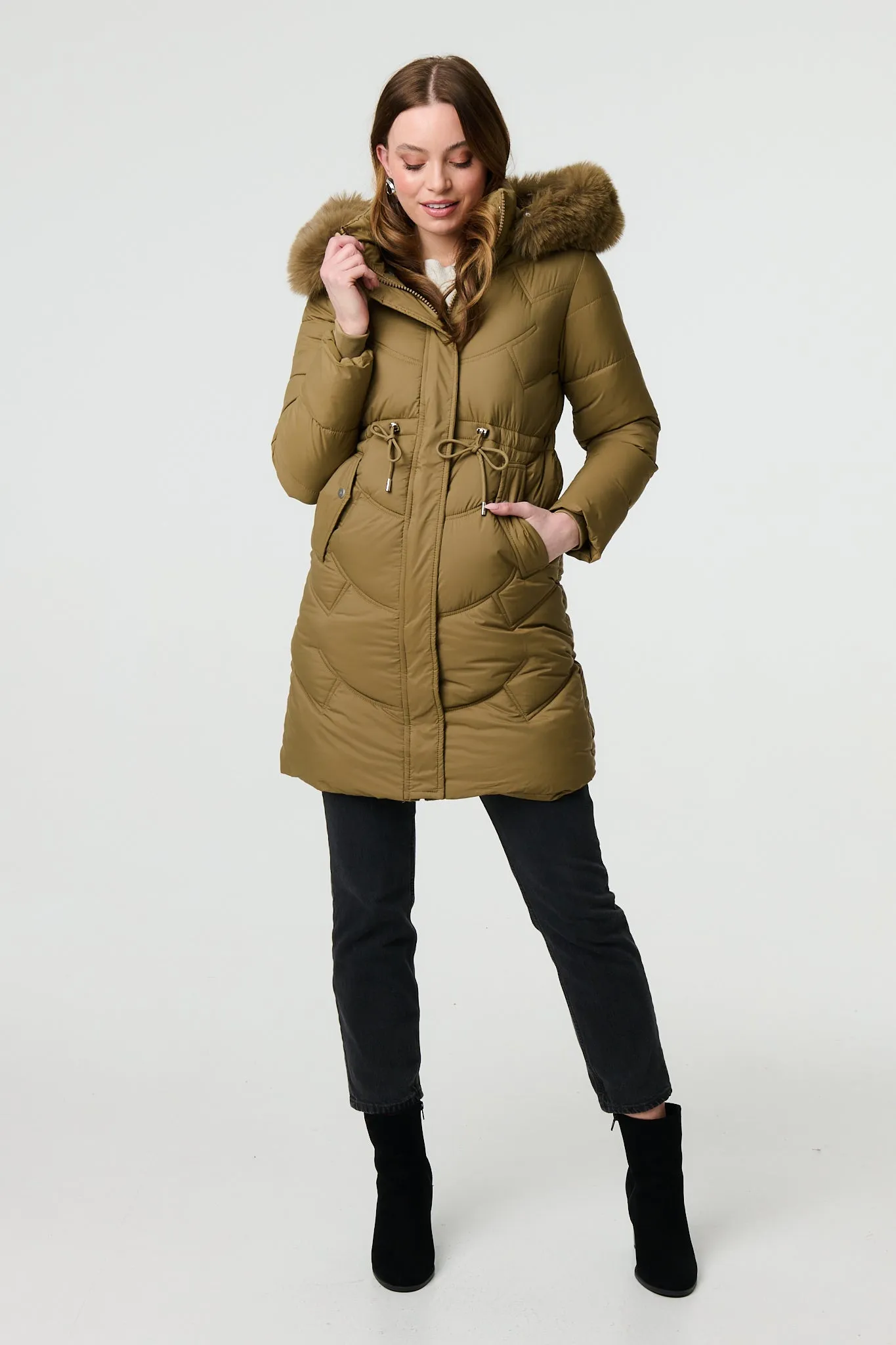 Faux Fur Hood Longline Puffer Jacket