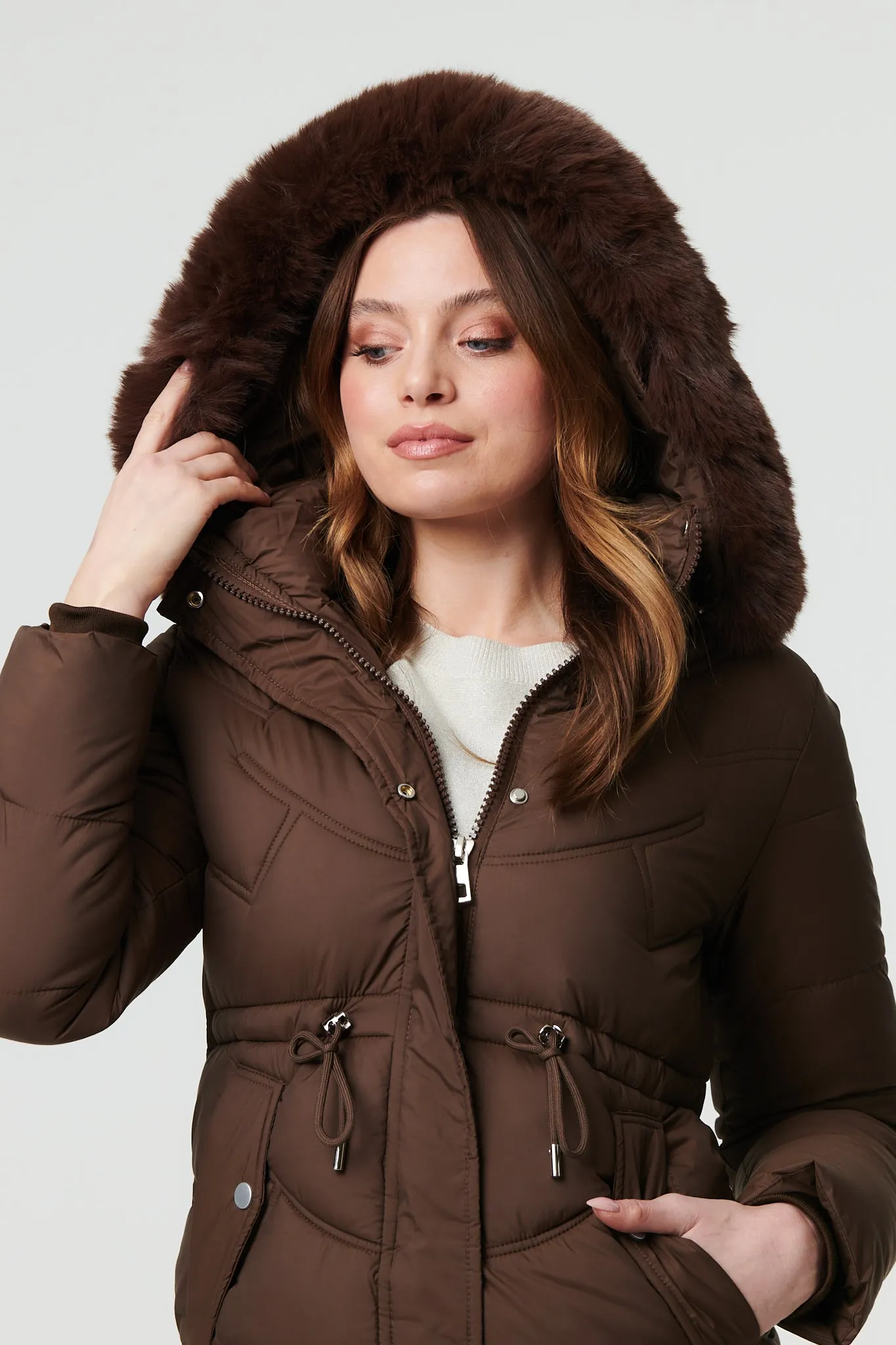 Faux Fur Hood Longline Puffer Jacket