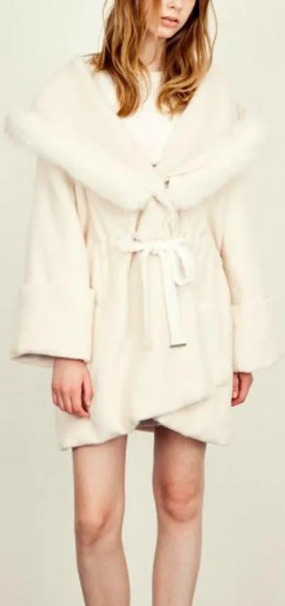 Faux-Fur Wool-Blend Coat, Beige/Cream