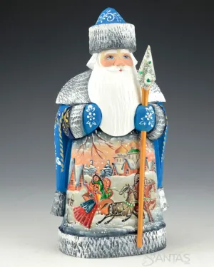 Frosted Blue Russian Santa with Troika and Staff