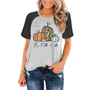 GEMLON Halloween Shirts It’s Fall Yall Letter Shirt Leopard Womens Fall Pumpkin Tops Funny Graphic Tees for Women