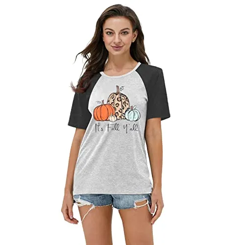 GEMLON Halloween Shirts It’s Fall Yall Letter Shirt Leopard Womens Fall Pumpkin Tops Funny Graphic Tees for Women